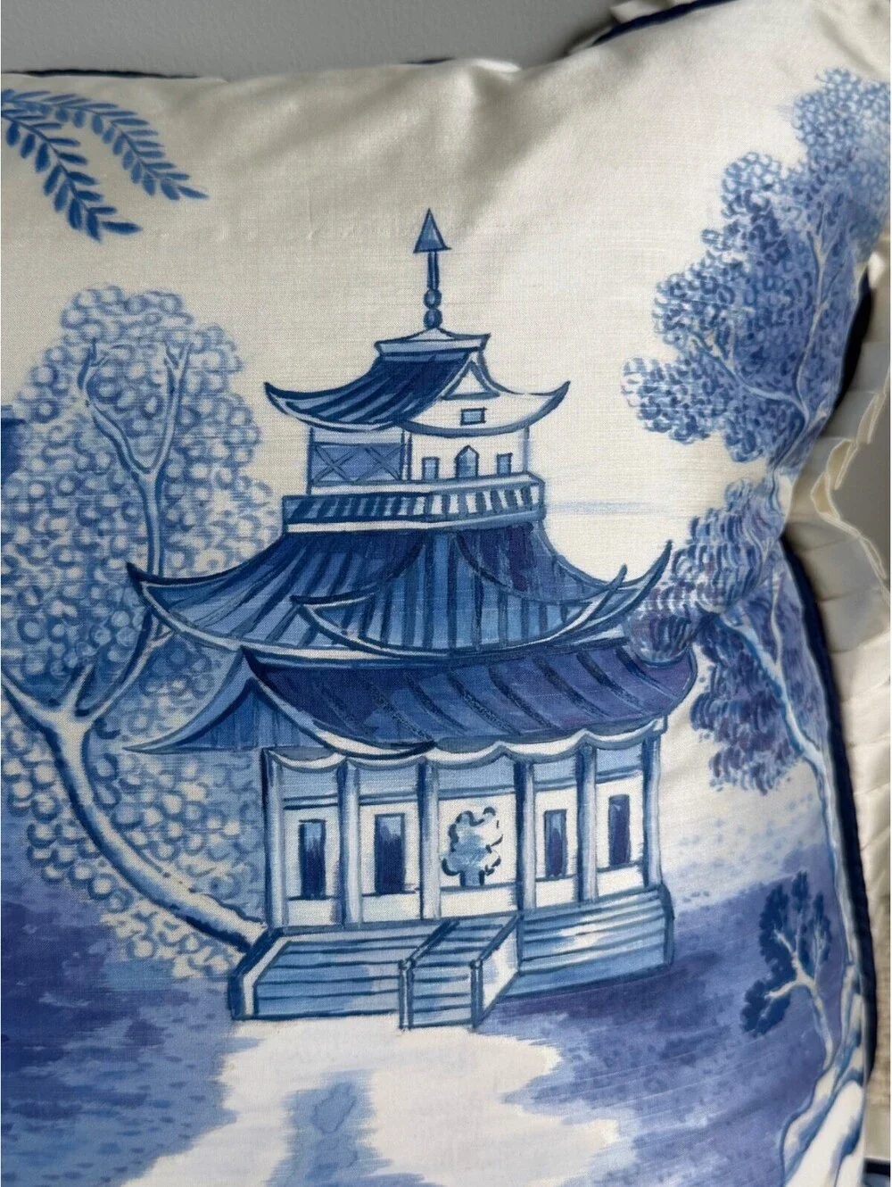 Mark David Designs Hand Painted Silk Pagoda Pillow Chinoiserie Blue White B
